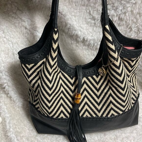 Big Buddha Handbags - Big Buddha Boho Black &beige zigzag fabric black faux leather trim stitch accent